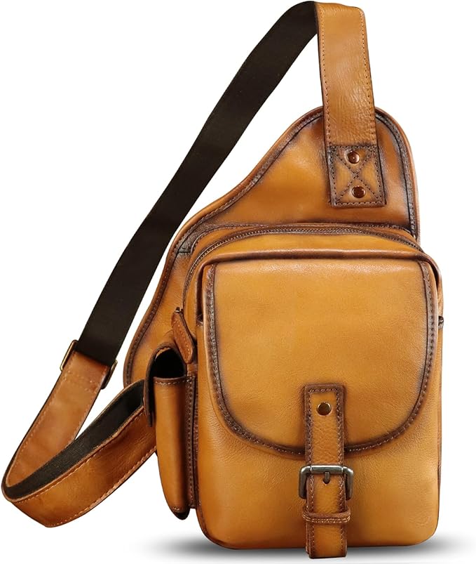 Genuine Leather Sling Bag for Men Women Chest Bags Crossbody Bag Vintage Sling Backpack Purses Hiking Sports Travel (Brown)