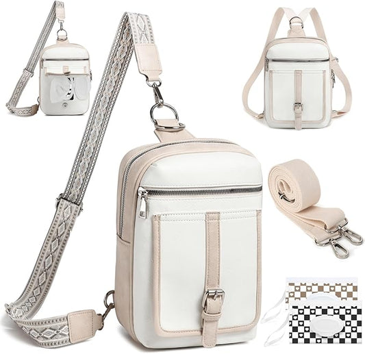 Sling Bag Crossbody Backpack - 2 in 1 Leather Cross Body Bag Fanny Pack with 2 Removable Straps