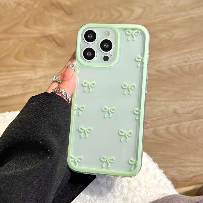EYZUTAK Case for iPhone 13 Pro Max, Clear Cute Ribbon Bowknot Pattern Aesthetic Transparent Phone Case Raised Camera Protection Stylish Slim Soft Durable TPU Protective Cover for Women Girls - Green