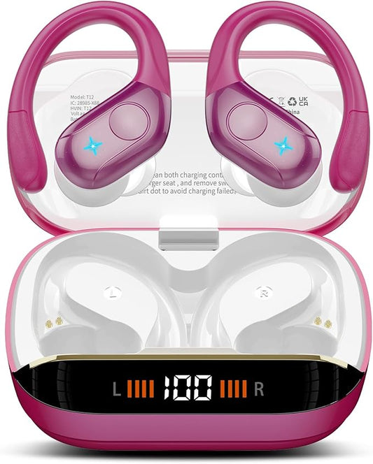 Wireless Earbuds Bluetooth 5.4 Headphones 75H Stereo Deep Bass Sports Over Ear Buds with Earhooks, LED Display Bluetooth Earbuds with 4 ENC Mic, IP7 Waterproof Earphone for Running, Rose Gold