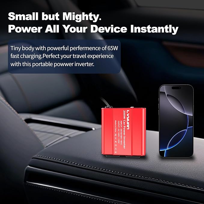 200W Power Inverter, LVYUAN Inverter 12V DC to 110V AC Car Plug in Adapter Outlet 65W PD Type-C & 28W QC Fast-Charging Ports Vehicle Converter for Phone, Laptops, Road Trip Charger