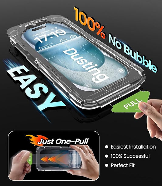 iGluz 4 Pack for iPhone 15 Screen Protector with 2-Pack Camera Lens Protector[99.99% HD Clear][9H Tempered Glass][Bubble Free][Easy Installation][Smooth Touch][Anti-fingerprint],4+2 Dual Protection