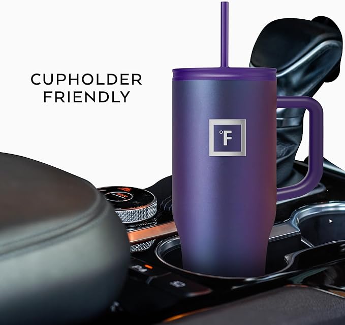 IRON °FLASK Co-Pilot Insulated Mug w/Straw & Flip Cap Lids - Cup Holder Bottle for Hot, Cold Drink - Leak-Proof - Water, Coffee Portable Travel Mug - Dark Rainbow, 32 Oz