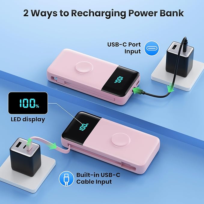 Portable Charger 40800mAh for iPhone with 2 Built-in Cable and iWatch Charger, 5-in-1 25W PD Fast Charging USB C Power Bank,QC4.0 LED Display Battery Pack for iPhone 16/15/14/13/12,Android,Apple Watch