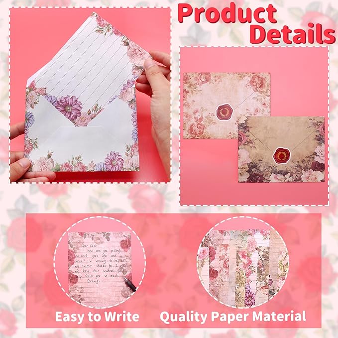 160 Pcs Stationery Paper Set Including 50 Matching Envelopes 50 One Sided Stationery Writing Papers 60 Round Dot Sticker for School Office Supplies,10 Design, 5.5 x 8.25 Inch(Vintage Floral)