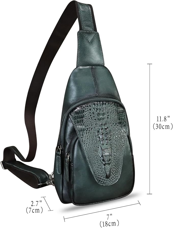 Genuine Leather Sling Bag Embossed Crocodile Pattern Leather Crossbody Sling Backpack Handmade Chest Purse Daypack (Darkgrey)
