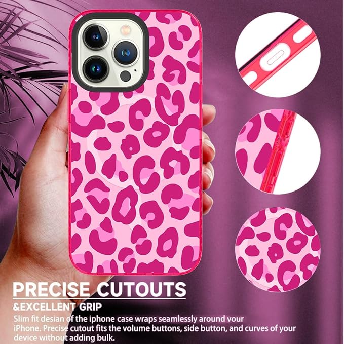SAKUULO Magnetic for iPhone 14 Pro Case Hot Pink Leopard Print Pattern [Compatible with MagSafe] Wireless Charge Strengthen Protection Cover, Hot Pink Leopard (6.1")