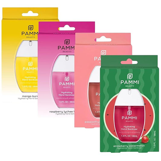 PAMMI Hand Sanitizer Spray Travel Size - Mini Scented Hand Sanitizer Spray Quicky Dry, Pocket Scented Hand Saniztier - 600-Sprays (4 Pack (Mango, Guava, Lychee,. Strawberry))