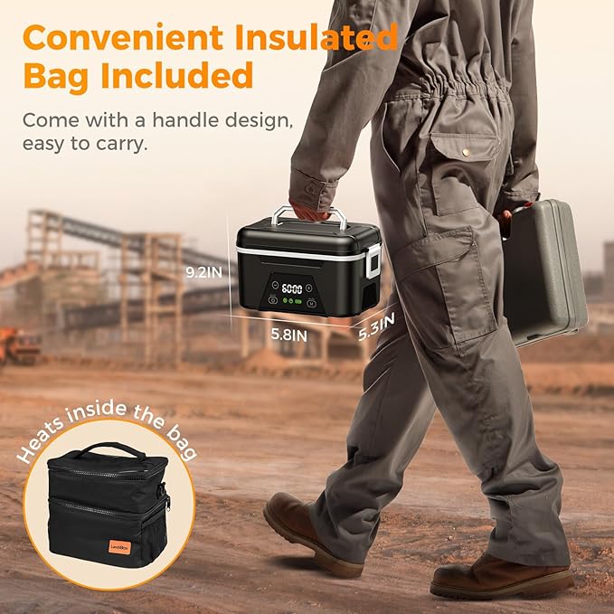 Cordless Heated Lunch Box for Adults, 1.5L (6 Cups) Portable Electric Lunch Box Battery Powered with Scheduled Heating, (All-round Heated) Rechargeable Food Warmer with Insulated Bag, Black