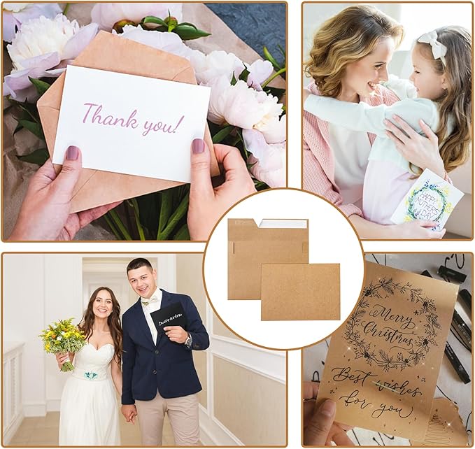 100 Packs Brown Blank Cards and Envelopes 5 x 7 Heavyweight Single Panel Cardstock and A7 Envelopes Self Seal for Wedding Invitations, Birthday, Thank You Cards, Mailing