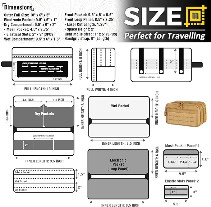 DBTAC Tactical Toiletry Bag w/Electronic Organizer Compartment | Dry/Wet Separate Hygiene Bag, Expanded Travel Dopp Kit Shaving Kit Travel shower Bag for Men (Tan)