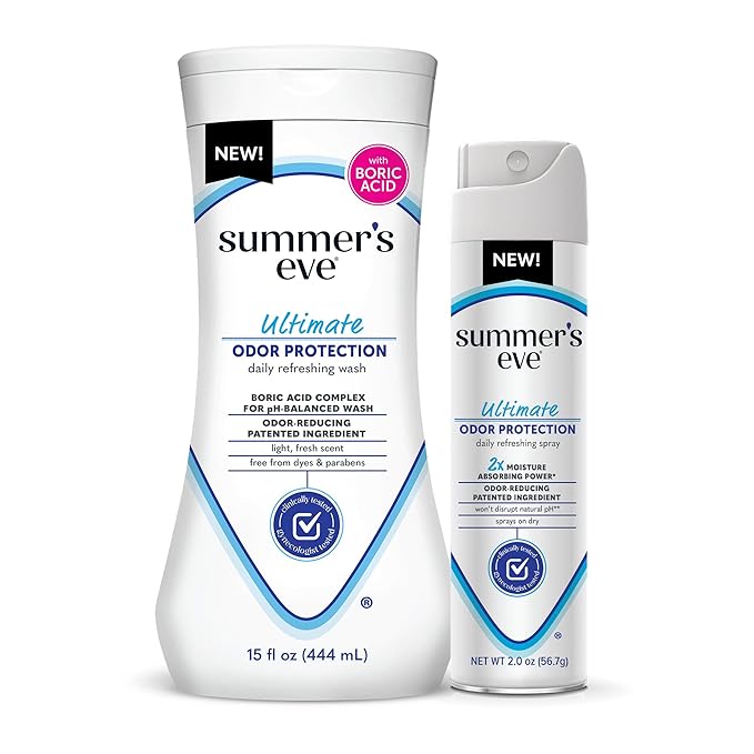 Summer's Eve Ultimate Odor Control Feminine Spray, 2 oz & Body Wash with Boric Acid, 15 Fl Oz
