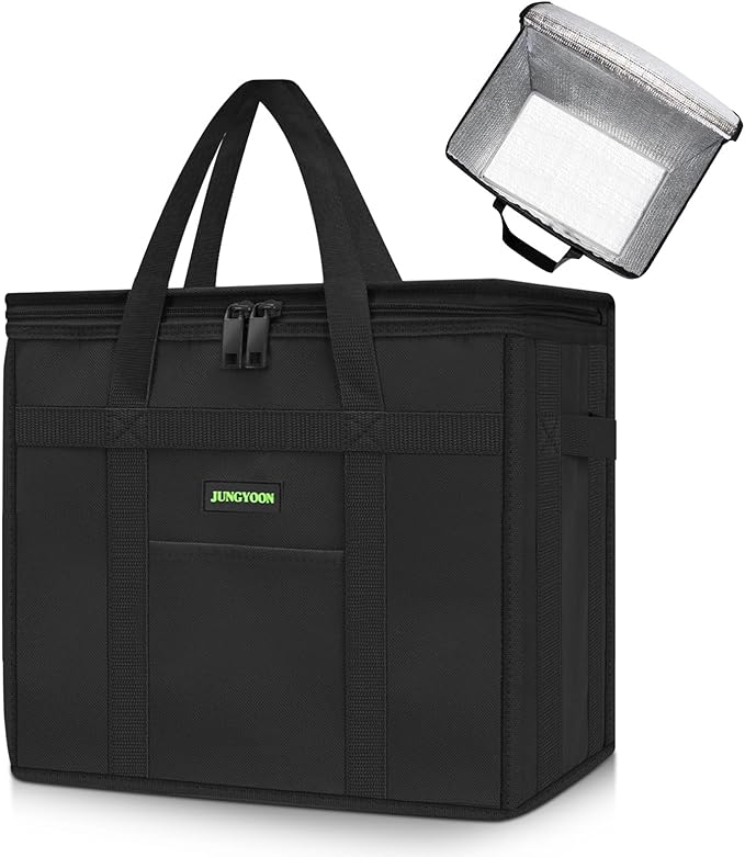 JUNGYOON S Insulated Grocery Bags and Cooler Bag for Food Delivery Bag, Collapsible Cooler, Reusable Shopping Bags for Groceries with Zipper Top, Heavy Duty, Stands Upright(Black)