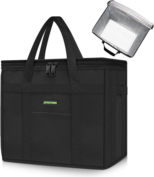 JUNGYOON S Insulated Grocery Bags and Cooler Bag for Food Delivery Bag, Collapsible Cooler, Reusable Shopping Bags for Groceries with Zipper Top, Heavy Duty, Stands Upright(Black)
