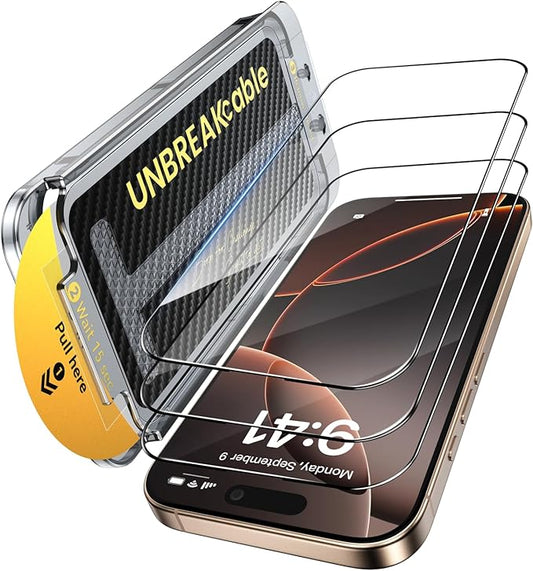 UNBREAKcable 3-Pack Screen Protector for iPhone 16 Pro Max Tempered Glass - [One-Pull Perfection] [Auto Dust-Elimination] [9H+ Hardness] [99.99% HD Clear] Full Coverage for iPhone 6.9 inch