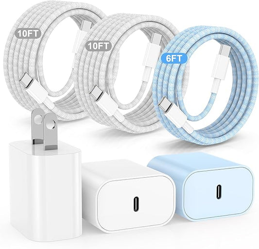 3Pack 20W USB C Wall Charger Block, USB C Charging Adapter,Super Fast Charging Power Plug Cub for iPhone 16/15,i-Pad Pro,Galaxy S25,and More-White+Blue