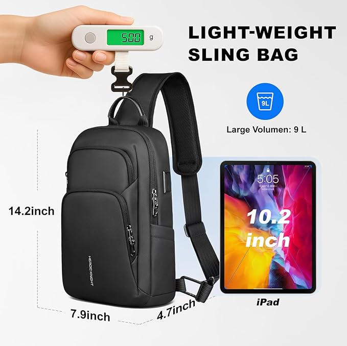 hk Sling Bag for Men with water bottles – Lightweight Waterproof Crossbody Bag with Tablet Pocket, Small Anti Theft Shoulder Bag with USB Charging Port for Daily Commute and Travel