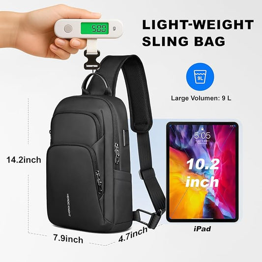 hk Sling Bag for Men with water bottles – Lightweight Waterproof Crossbody Bag with Tablet Pocket, Small Anti Theft Shoulder Bag with USB Charging Port for Daily Commute and Travel
