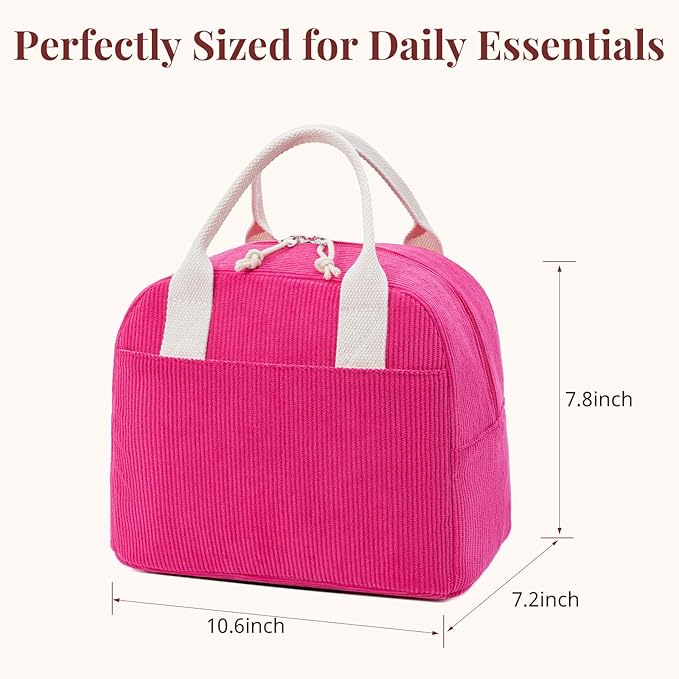 Insulated Lunch Bag for Women Men, Stylish Corduroy Tote Bag with Aluminum Lining, Large Capacity Reusable Cooler for Work, Travel, or Beach, Berry Red Lunch Box