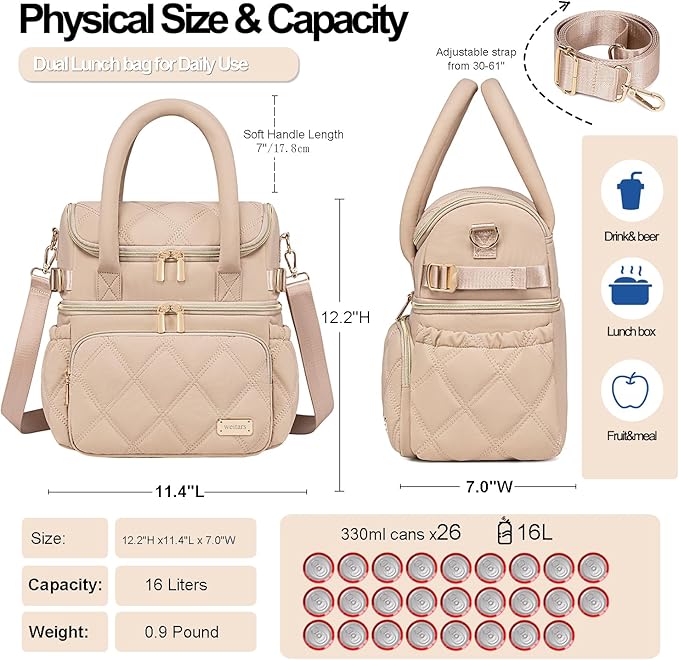 Weitars Lunch Bag for Women Men,Double Deck Lunch Box for Women,Quilted Lunch Tote for Work,Insulated Lunch Cooler Leakproof Lunchbox for Adult with Shoulder Strap &Pockets for Picnic Hiking (Khaki)