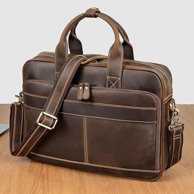 Augus Leather Messenger Bag for Men Vintage Travel Backpack 17 inch laptop Briefcase Shoulder Bags