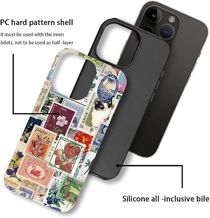 Case for iPhone 15 Pro,Vintage Stamp Collage for Woman Men Full Body Protective Cover Shockproof 2 in 1 Silicone + Hard PC Case for iPhone 15 Pro