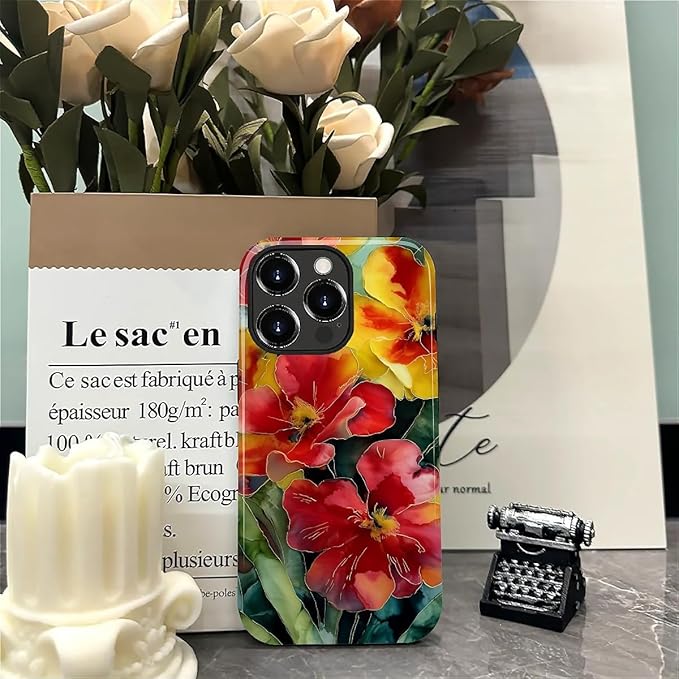 Case for iPhone 15 Pro Case,Vintage Floral Girly Design - Hybrid Dual Protection Silicone + Hard PC Shockproof Full Body Cover Slim Anti-Scratch Protective Case for Men Women