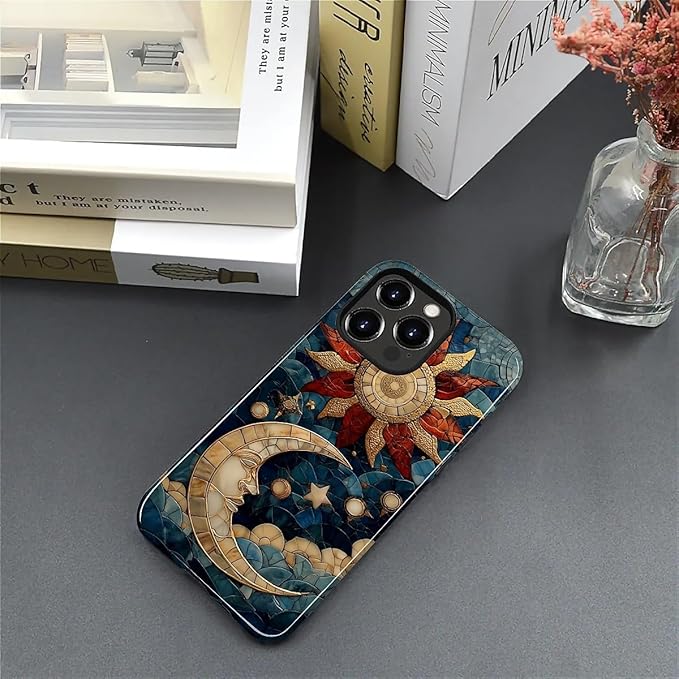 Case for iPhone 15 Pro Max Case,Sun Moon Stars Faux Stained Glass Design Hybrid Dual Protection Silicone + Hard PC Shockproof Full Body Cover,Slim Anti-Scratch Protective for Men Women