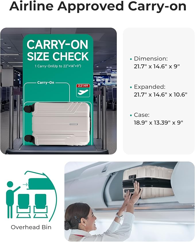 BAGSMART Expandable Carry On Luggage 22x14x9 Airline Approved, 1OO% PC Lightweight Hard Shell Suitcase, 20 Inch Travel Luggage with Spinner Wheels, Waterproof Rolling Suitcase, Biege