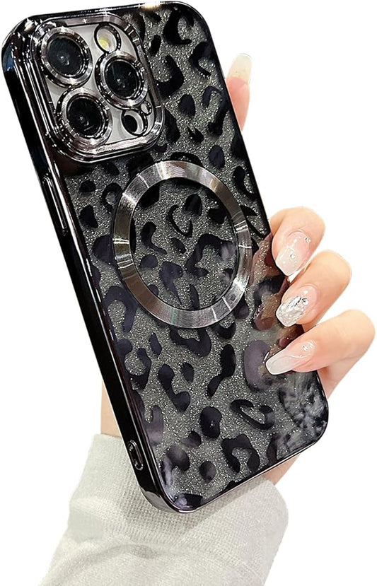 for iPhone 12 Pro Case Magnetic,Soft Cute Luxury Leopard Cheetah Pattern Plating Glitter Bling Phone Case Compatible with MagSafe Clear Shockproof Back Cover for Women Girl 6.1"-Black
