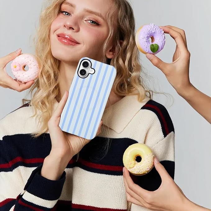 SOKAD Magnetic Vertical Stripes Phone Case for iPhone 16, Cute Light Blue Striped Line Pattern Compatible with Magsafe Matte Protective Case Cover with Screen Protector for Girls Women