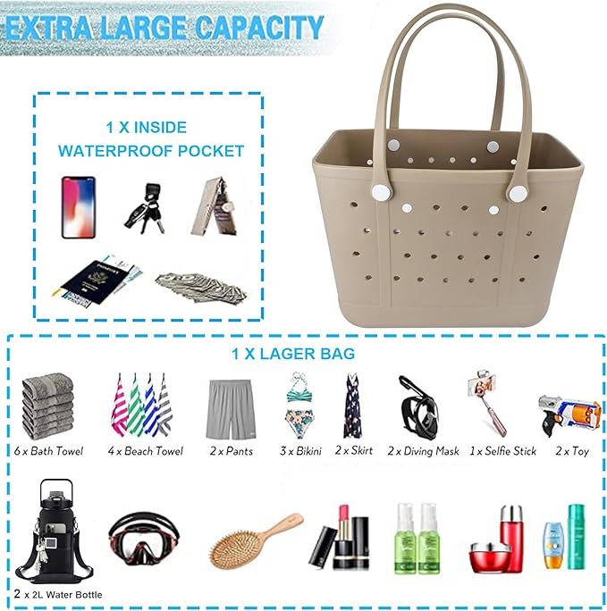 X Large Beach Bag, Oversized Rubber Beach Bag, Washable Open Tote Bag Durable Tote Travel Bags