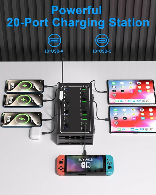 550W USB Charging Station, 20 Port Fast Charging Station for Multiple Devices, PD3.0/QC4.0 Multi-Protocol, Smart Power Delivery & Overload Protection for iPhone, iPad, Tablet, and More