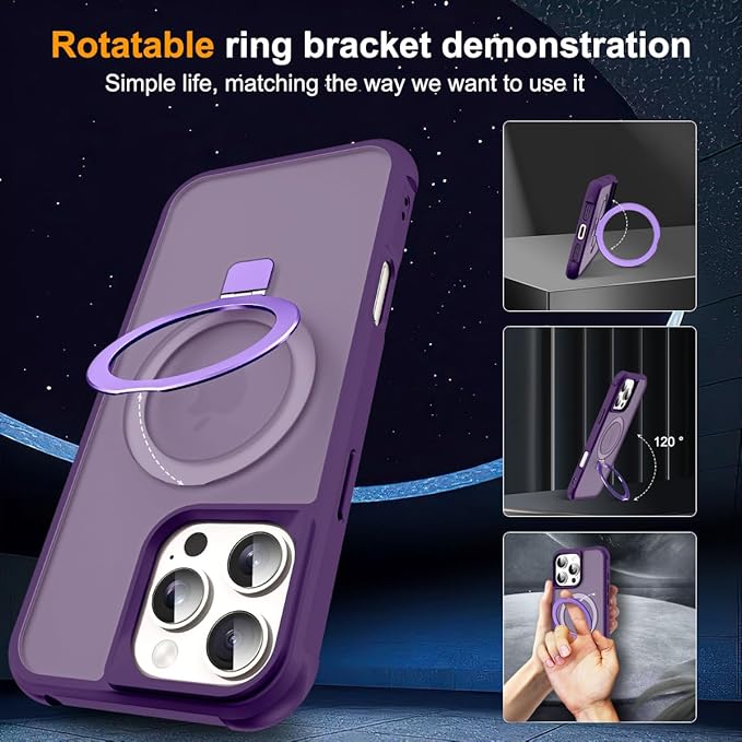 Compatible with iPhone 16 Pro Max Case with Invisible Magnetic O-Ring Stand Military-Grade Translucent Case for iPhone 16 ProMax 6.9" [Compatible with Mag-Safe][Great Grip Feeling], Purple