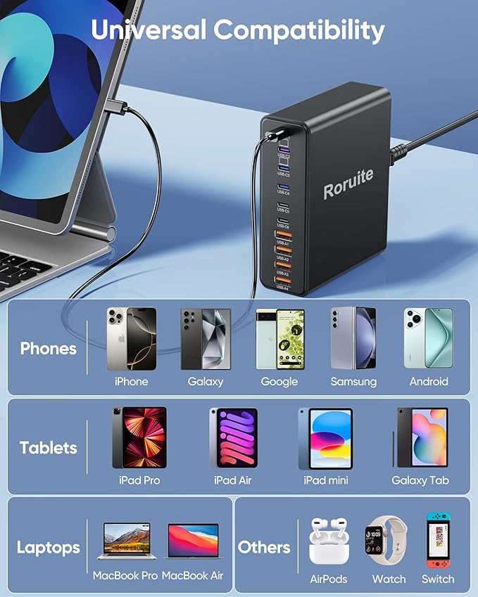 460W USB C Charger Block, 10-Port Charging Station GaN Fast Charger Block Type C & USB A Wall Charger, Dual 65W Laptop Multiport for iPhone, iPad, MacBook Pro/Air, Samsung Galaxy, Android(Black)