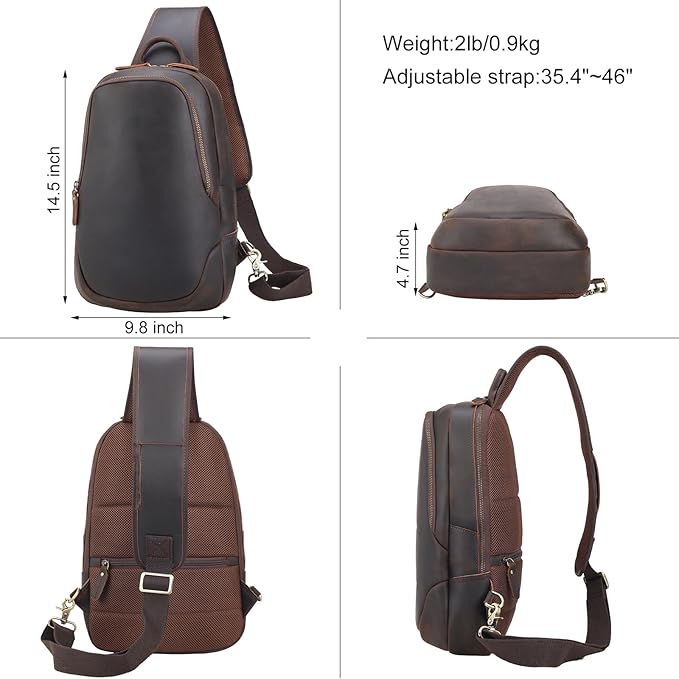 TIDING Men's Vintage Leather Crossbody Sling Bag Outdoor Travel Chest Bag Shoulder Daypack Fits 12.9" iPad