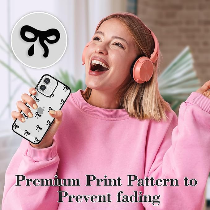 EYZUTAK Case for iPhone 16, Clear Cute Ribbon Bowknot Pattern Aesthetic Transparent Phone Case Raised Camera Protection Stylish Slim Soft Durable TPU Protective Cover for Women Girls - Black