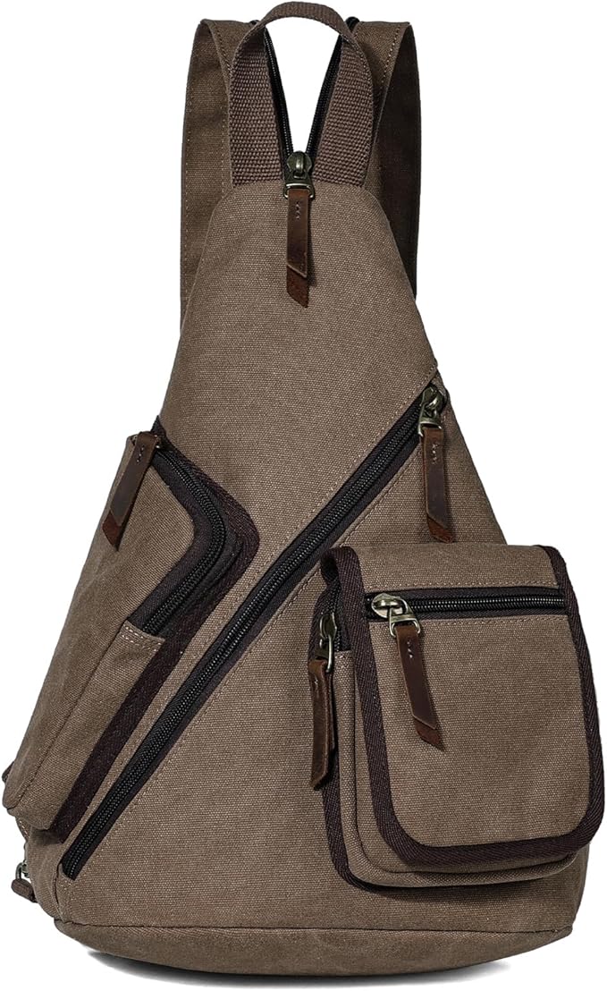 KL928 Canvas Sling Bag - Casual Crossbody Shoulder Daypack Rucksack Backpack for Men Women, Brown