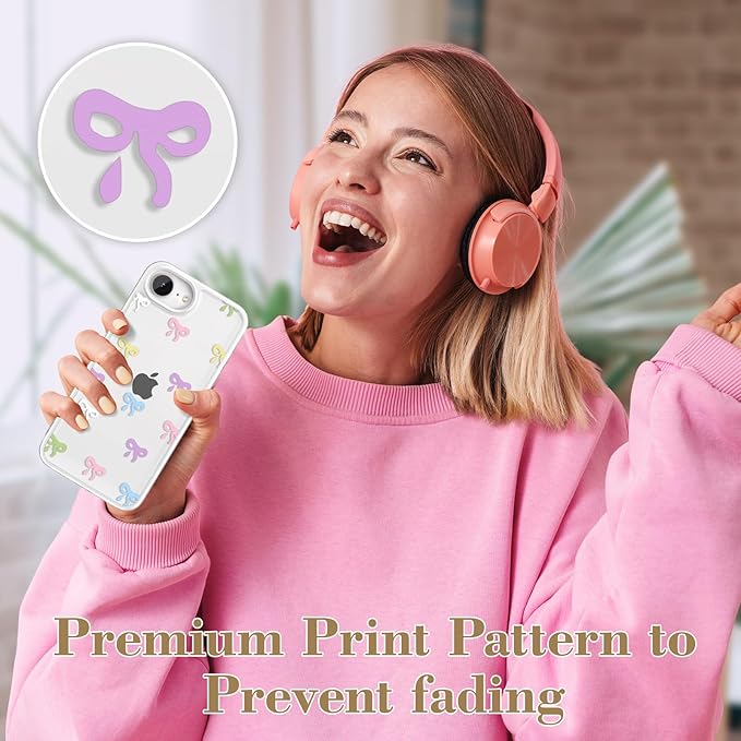 EYZUTAK Case for iPhone 16e, Clear Cute Ribbon Bowknot Pattern Aesthetic Transparent Phone Case Raised Camera Protection Stylish Slim Soft Durable TPU Protective Cover for Women Girls - Colorful