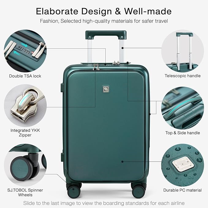 Hanke Grace Carry On Luggage with Wheels Airline Approved Hard Shell Suitcases with Front Pocket，Top Opening Luggage with TSA Lock for Short Business Travel，Blackish Green.