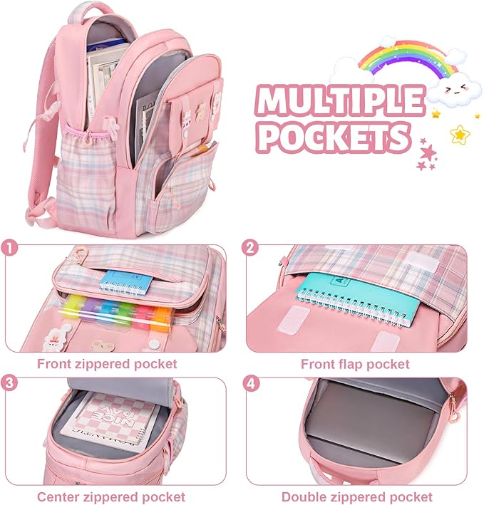 Backpack for Girls, Kids Girls Backpacks Set with Lunch Bag Pencil Case, Cute Bookbag Waterproof Backpack for Elementary Middle School, Pink