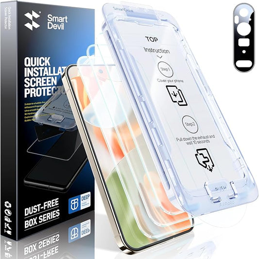 SMARTDEVIL [3+1 Pack Screen Protector For Google Pixel 9 Pro XL With Camera Lens Protector, FingerPrint Reader Compatible, Clear 9H Tempered Glass Film, Fast & Easy Installation, Alignment Frame