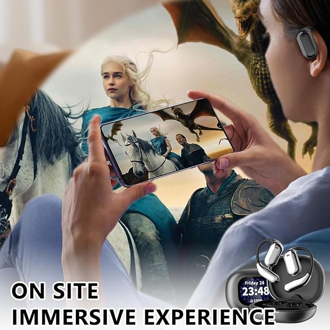 Open Ear Earbud Wireless Bluetooth 5.4 Earbuds,Intelligent Touch Screen Headphones,50H Playtime,Ergonomic Ear Hook,Built-in Mic,LED Display Charging Case,for Sport Running Fitness (Grey)