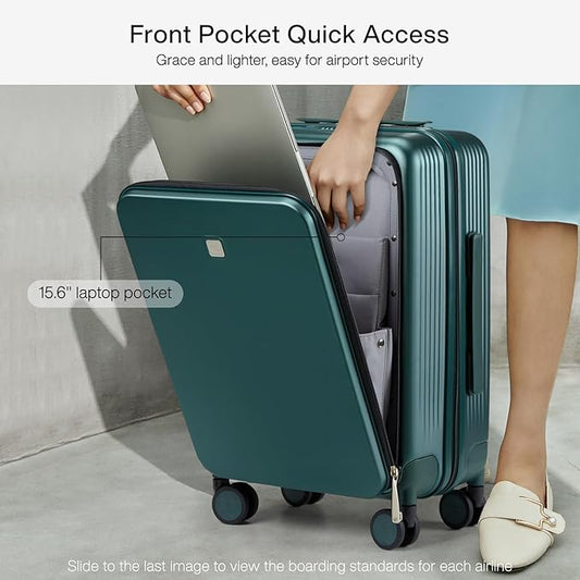 Hanke Grace Carry On Luggage with Wheels Airline Approved Hard Shell Suitcases with Front Pocket，Top Opening Luggage with TSA Lock for Short Business Travel，Blackish Green.
