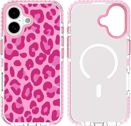 SAKUULO Magnetic for iPhone 17 Case with Screen Protector [Compatible with MagSafe] Hot Pink Leopard Print Pattern Wireless Charge Strengthen Protection Cover Hot Pink Leopard (6.1")