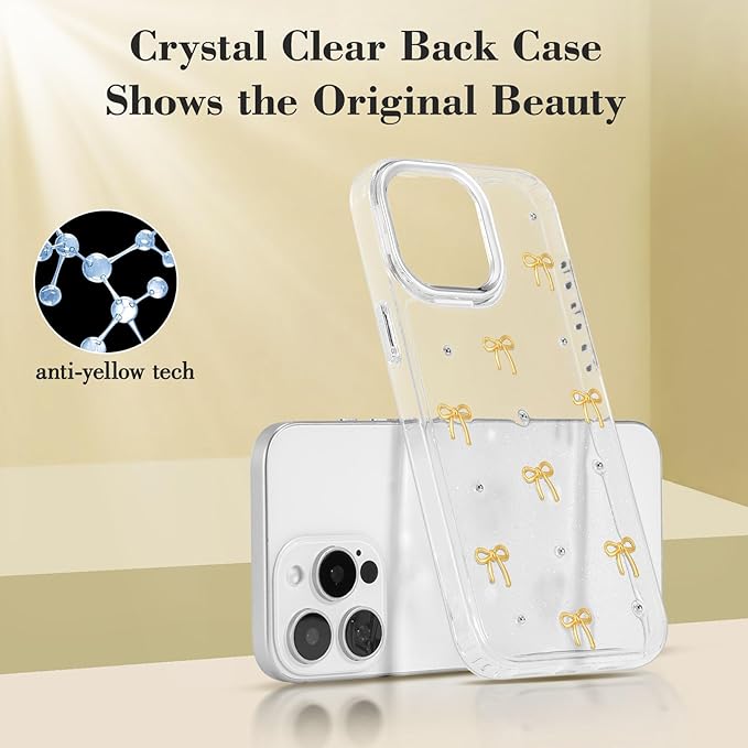 EYZUTAK Case for iPhone 12 Pro Max, Bling Glitter 3D Bowknot Phone Case Cute Sparkly Crystal Clear Bow Aesthetic Design Case Slim Soft Durable TPU Transparent Protective Cover for Women Girls-Gold Bow