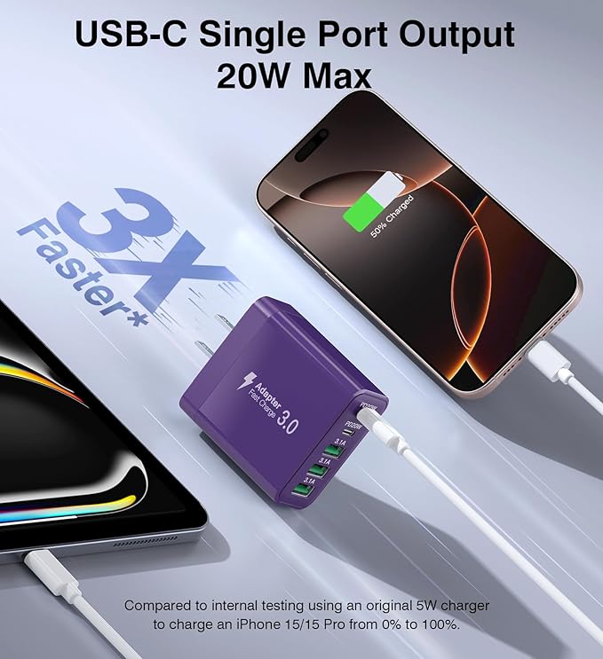 [2-Pack] USB C Wall Charger, 50W Fast USB C Charger Block, 5-Port PD Power Adapter + QC Wall Plug Multiport Type C Charging Block Cube Compatible with iPhone 16 15 14 13 12 11 Pro Max XR XS, Purple
