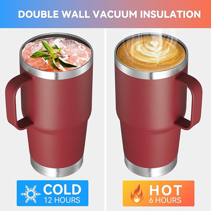 VEGOND 20 oz Tumbler Bulk with Handle Lid and Straw, Stainless Steel Insulated Travel Coffee Mug Set, Spill Proof Double Wall Metal Tumblers Cups, Wine Red 6 Pack