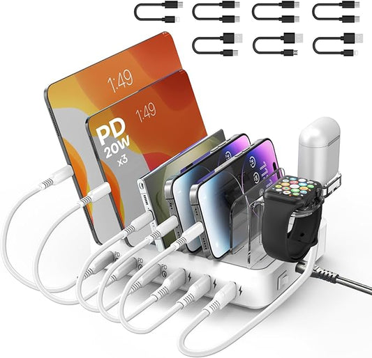Charging Station for Multiple Devices,75W 6 Port Multi USB C Fast Charger Station with 7 Mixed Charging Cables,USB Charging Dock Compatible with iPhone, Samsung, iPad, Tablet and More