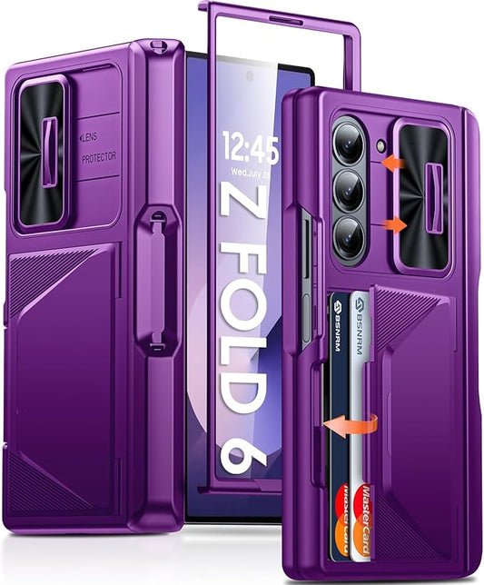 for Samsung Galaxy Z Fold 6 Case with Card Holder, Built in RFID Blocking& S Pen Holder& Slide Camera Cover& Hinge Protection& Full-Body Rugged Shockproof Wallet Case for Galaxy Z fold 6, Purple